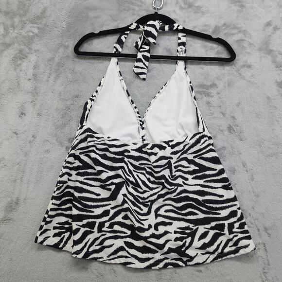 Catalina Tankini Size 1X (16W) Black White Animal Print Zebra Tie Back Halter - Picture 2 of 8